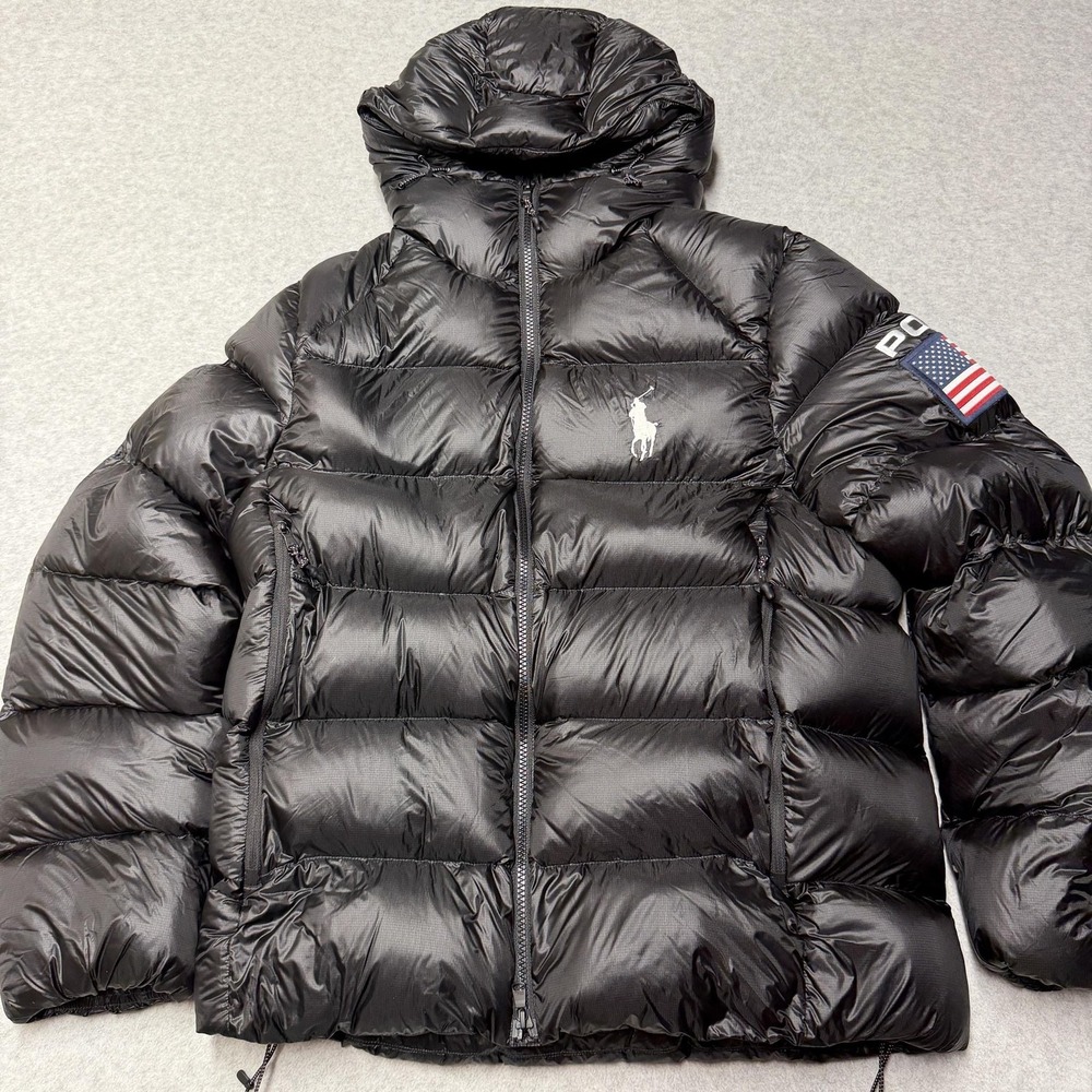 Polo Ralph Lauren Hawthorne Flag Down Jacket Mens Small Black Hooded Puffer USA
